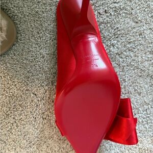Ferragamo asymmetric bow satin pump flame red